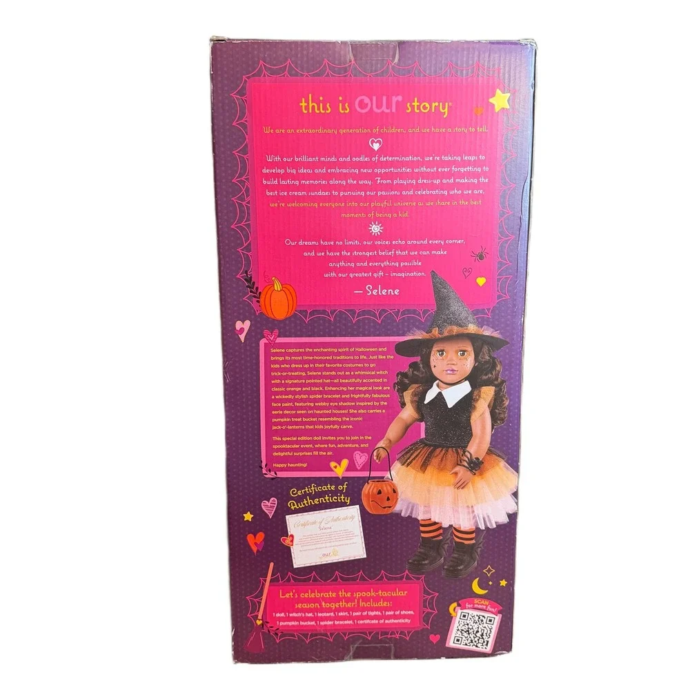 Our Generation Selene 18 inch Halloween Witch Doll Pumpkin Bucket New Box Wear